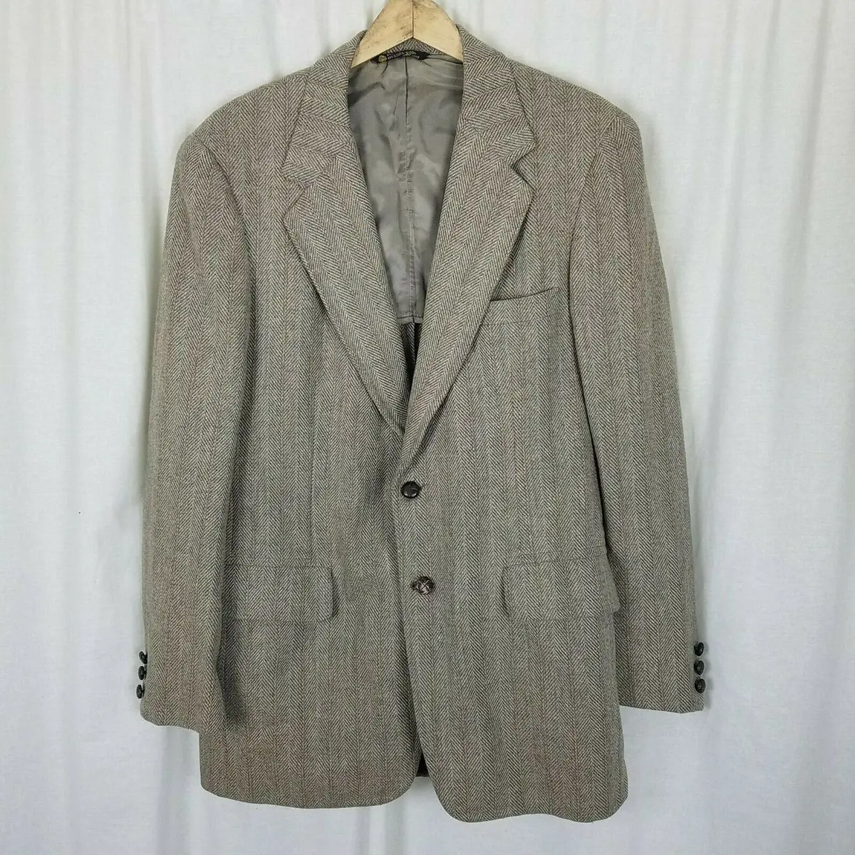 Vintage Doncaster Imperial Wool Herringbone Blazer Sport Coat Jacket Mens 44 Tan 1