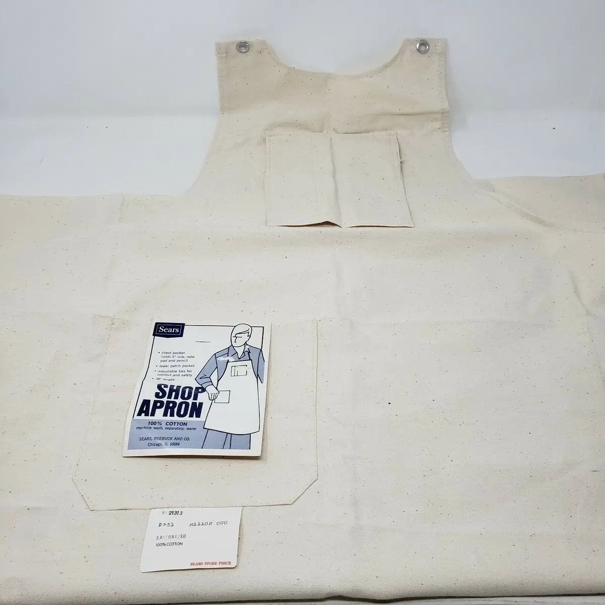 Vintage Sears Sanforized Cotton Mens Shop Apron Patch Pockets Natural Nos 1