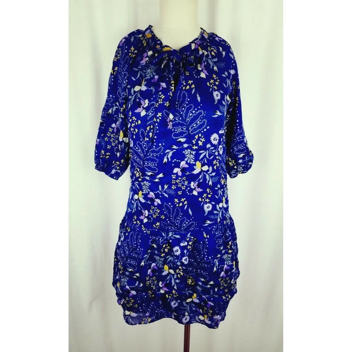 Gap Sheer Cotton Floral Print Layered Tiered Tie Neck Tunic Dress Womens Xs Navy 1