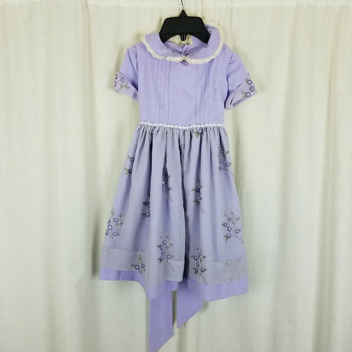 Vintage Handmade Weighted Embroidered Floral Dressy Twirl Dress Girls 6 Lavender 1