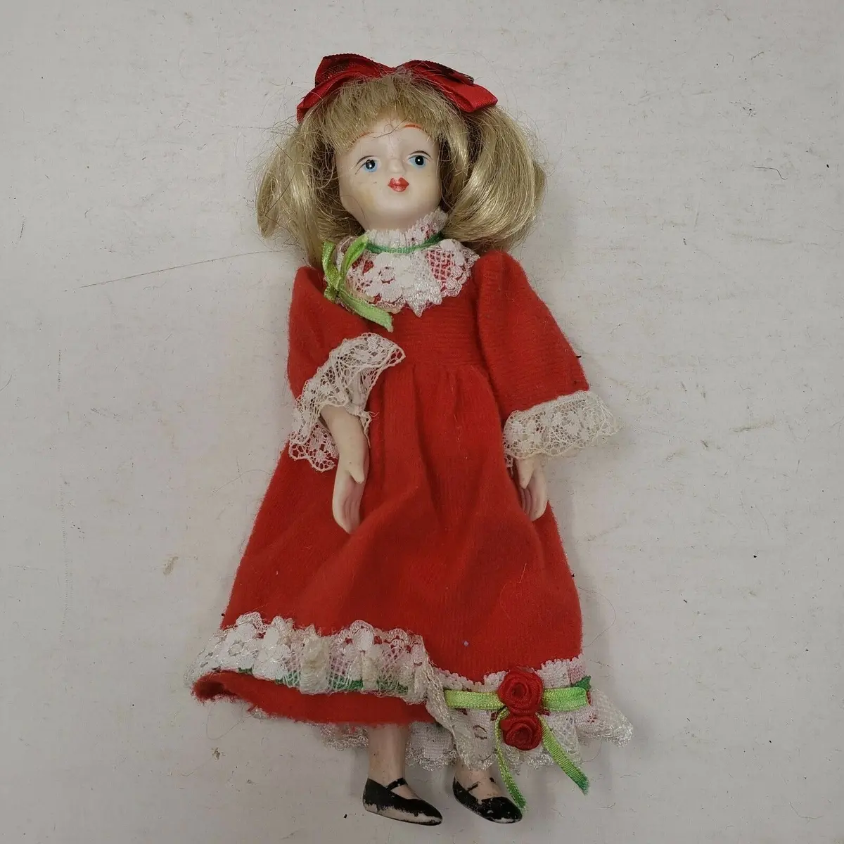 Vintage Mid Century Porcelain Doll 8 In Red Victorian Lace Trim Ball Gown Taiwan 1