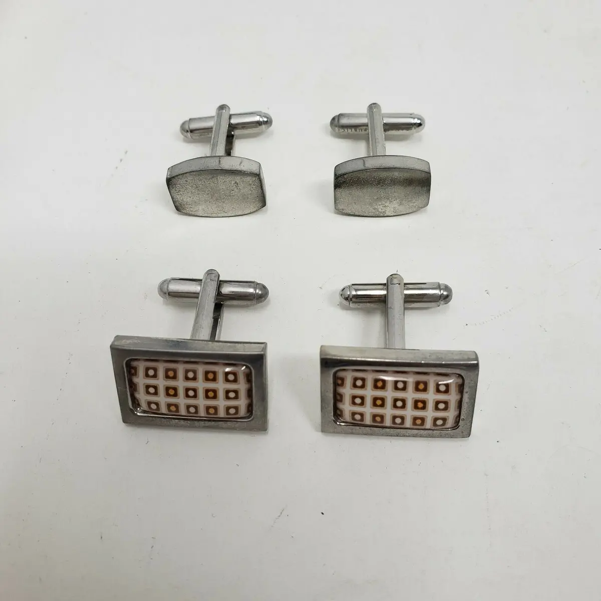 Brown & Silver Cufflinks Geometric Squares Dots Print Mid Century Modern Mcm 1