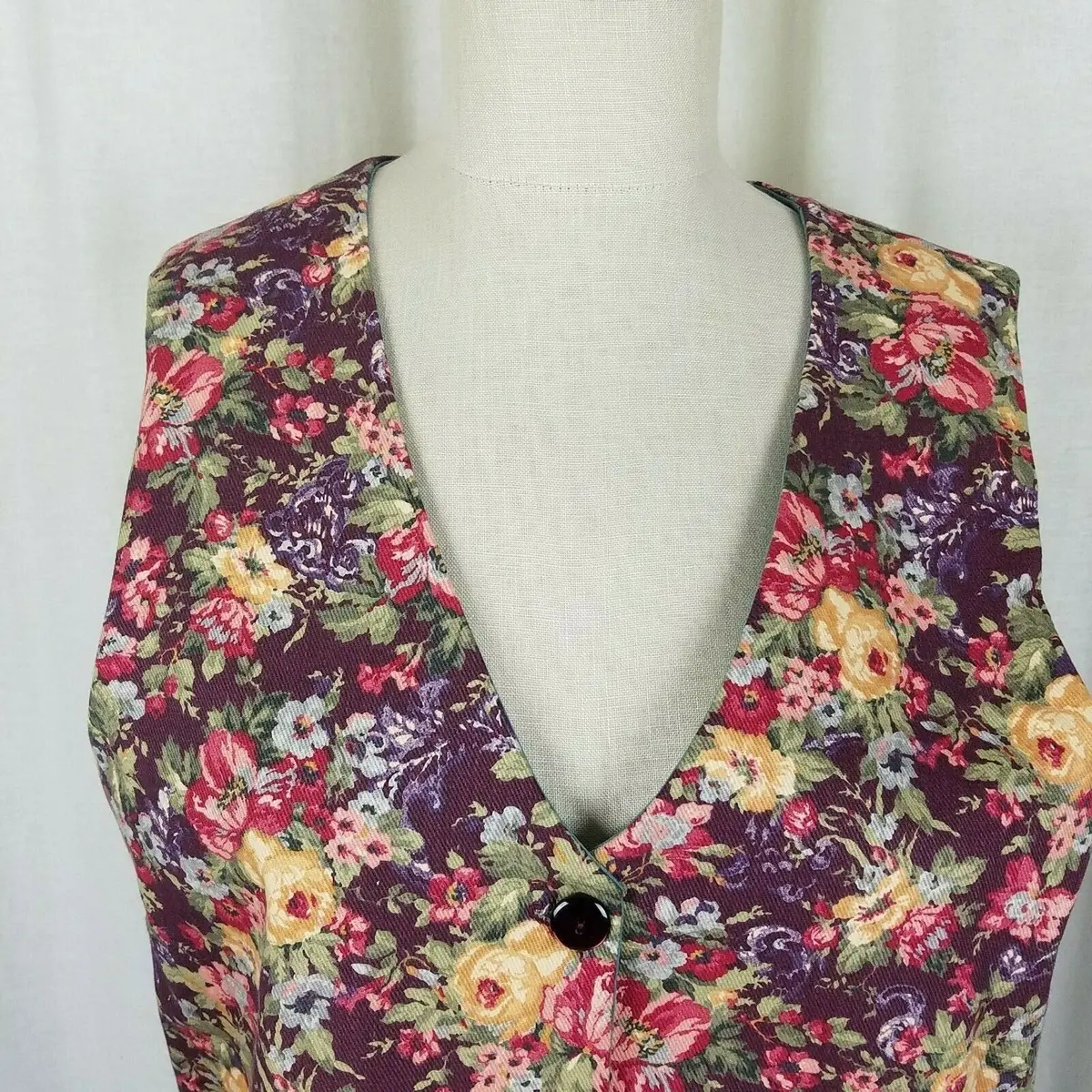 Vintage Handmade Floral Denim Pointed Button Down Vest Waistcoat Womens M 2
