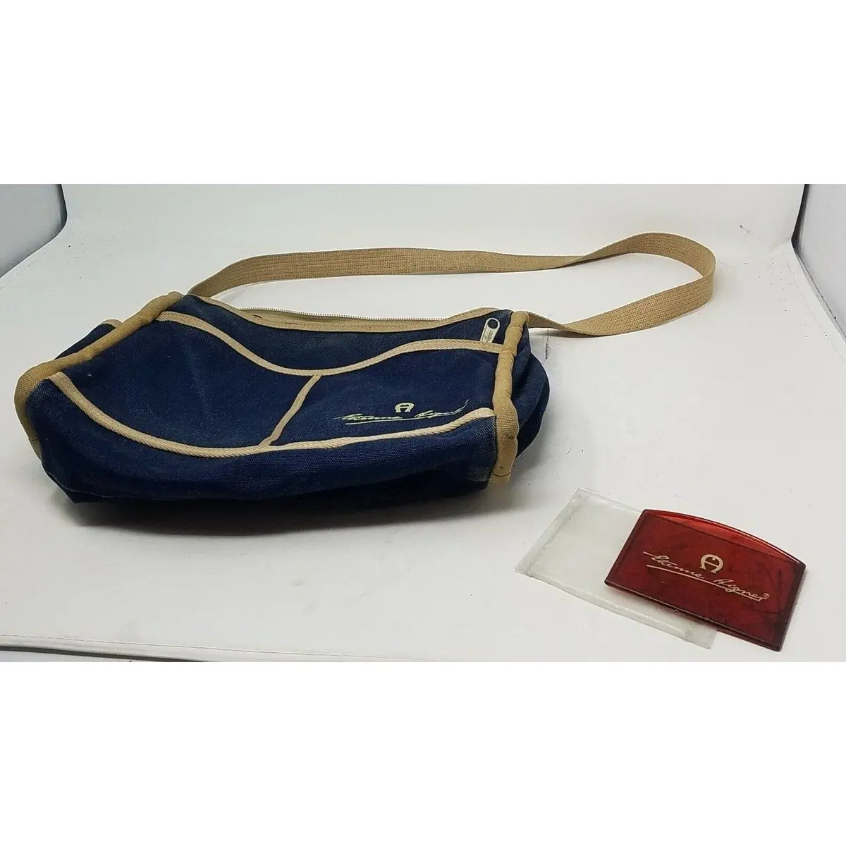 Etienne Aigner Denim Blue Jean Purse Crossbody Large Shoulder Bag Canvas Tan 1