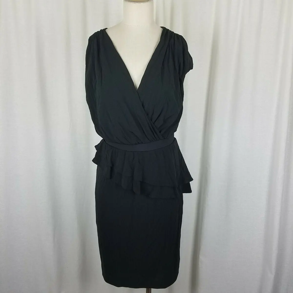 Mng Collection Black Ruffled Ruched Faux Wrap Blouson Jersey Knit Dress Womens S 1