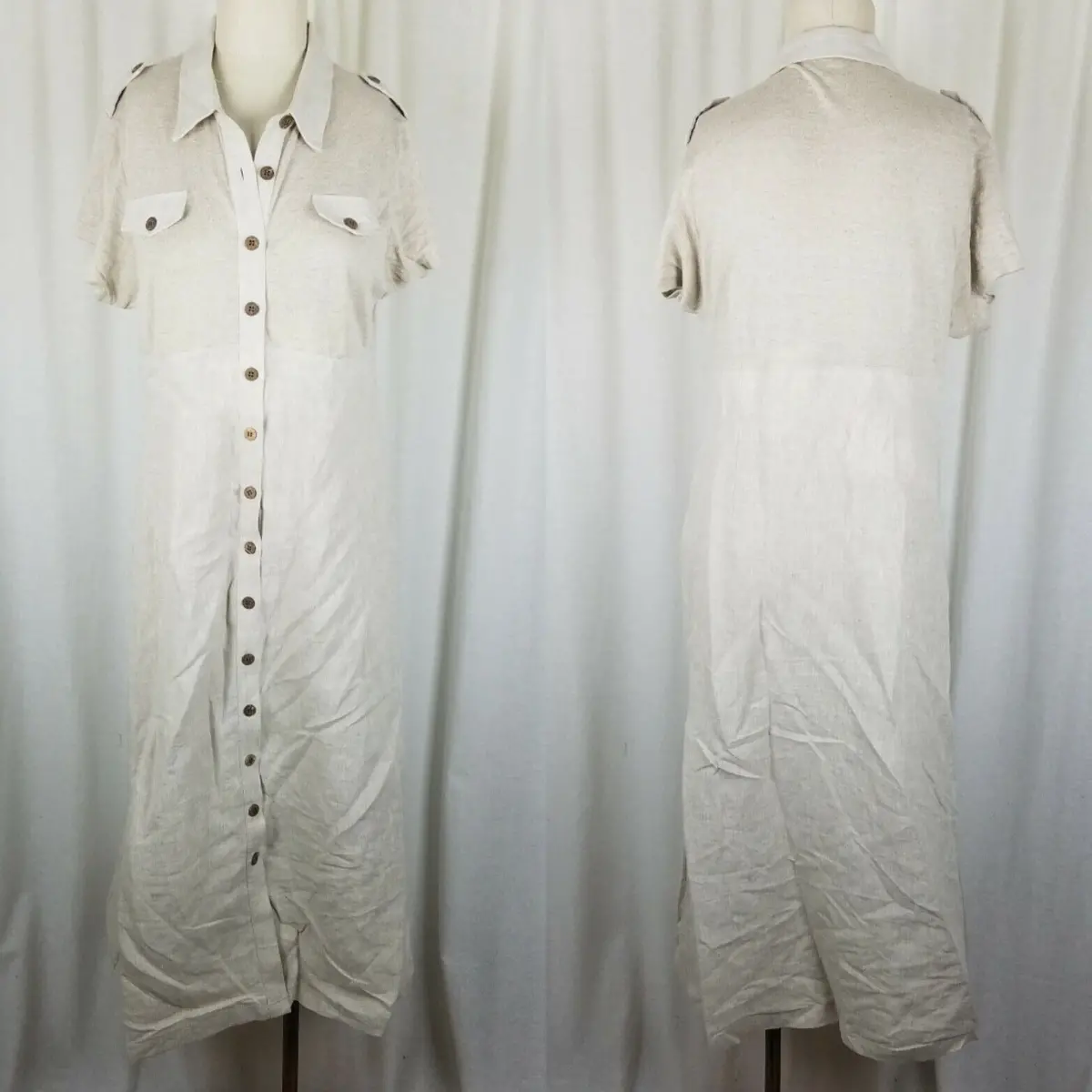 Boston Proper Linen Military Safari Knit Maxi Shirt Dress Womens M Vintage Tan 1