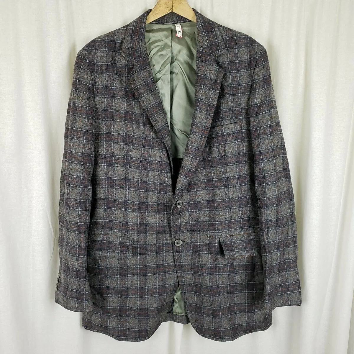 Vintage Jenss Unique Plaid Blazer Sport Coat Jacket Mens 44L Mid Century 60S 70S 1