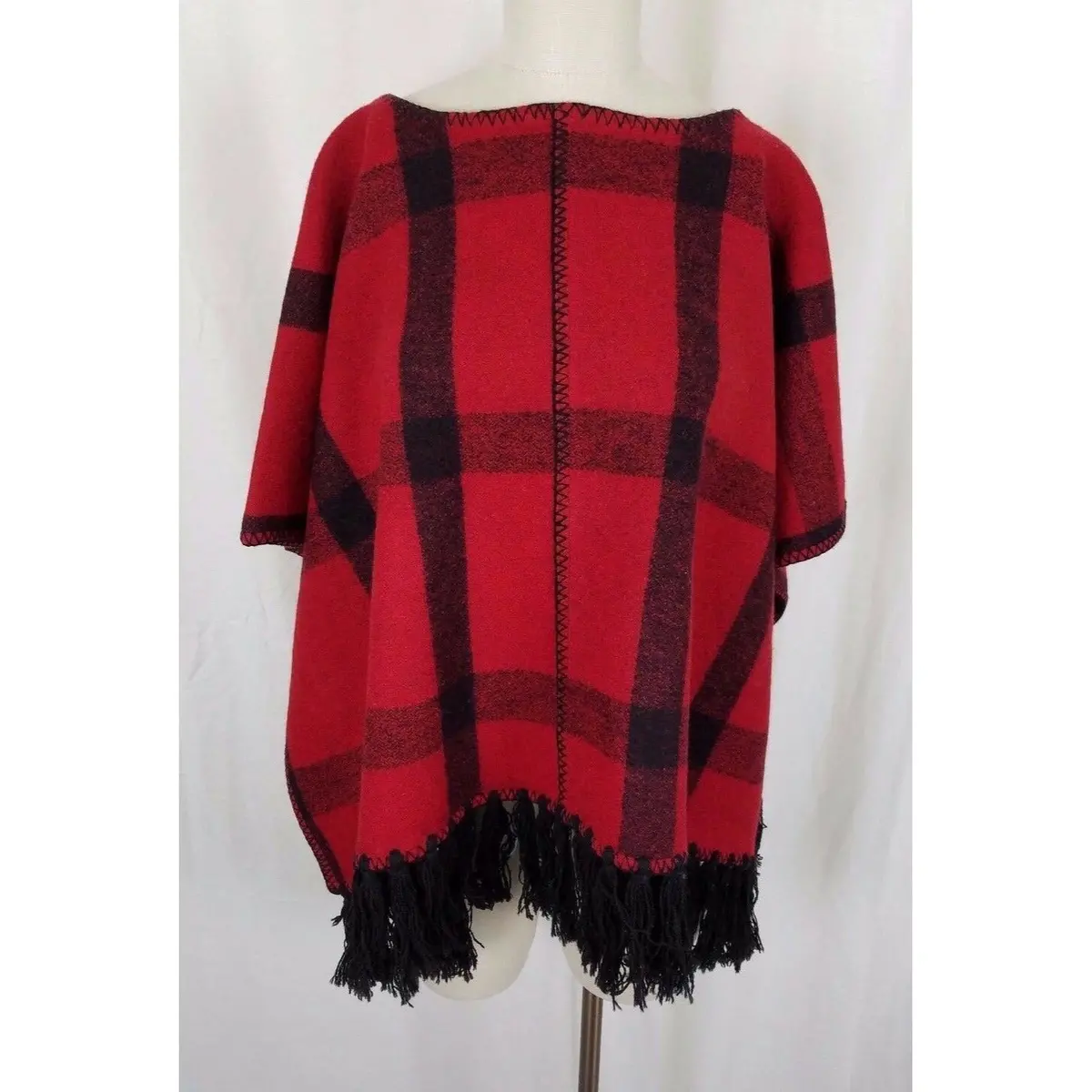Lrl Ralph Lauren Red Buffalo Plaid Wool Woven Cape Stadium Blanket Womens S M 1