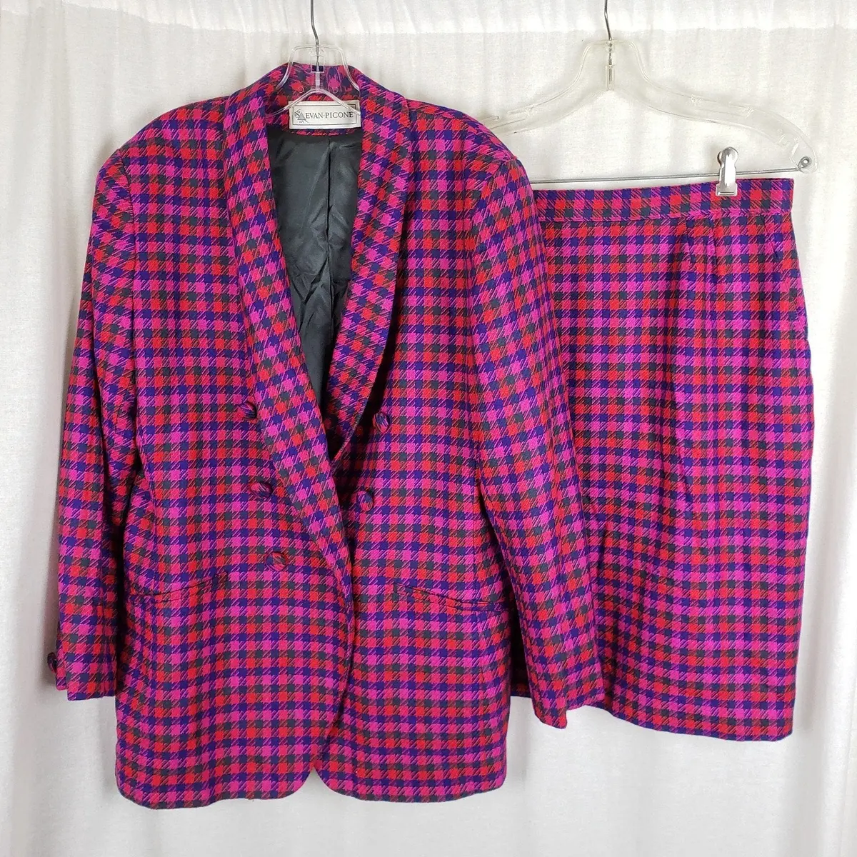 Vtg Evan Picone Houndstooth Wool Plaid Blazer Jacket Skirt Suit Set Womens Sz 16 1