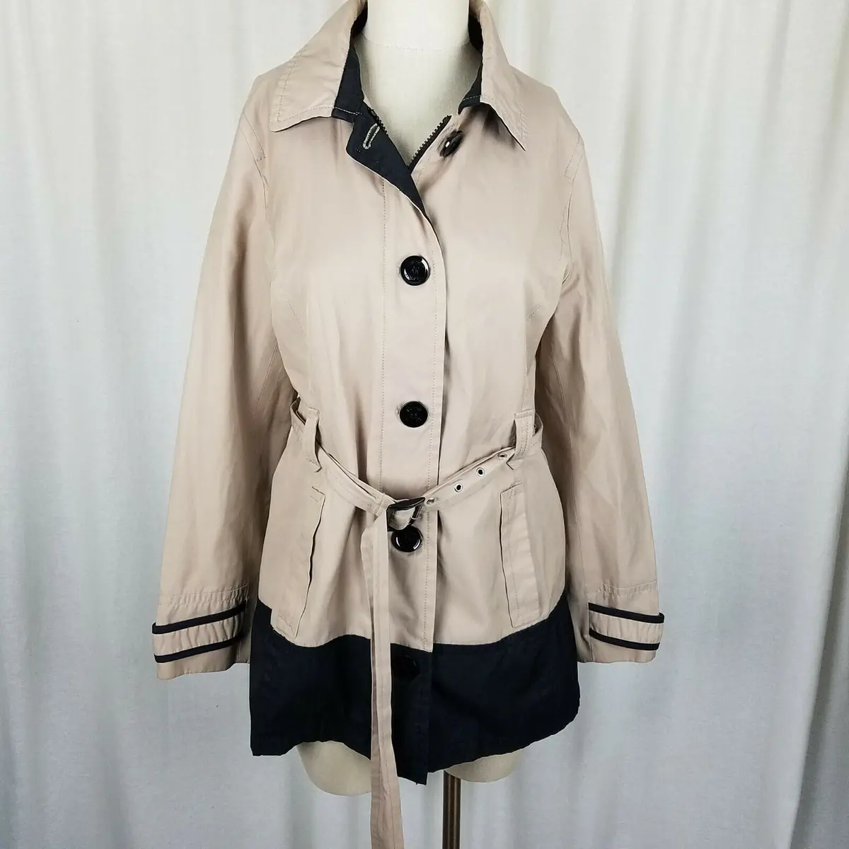 Esprit Short Belted Trench Rain Coat Jacket All Weather Womens L Black & Tan 1