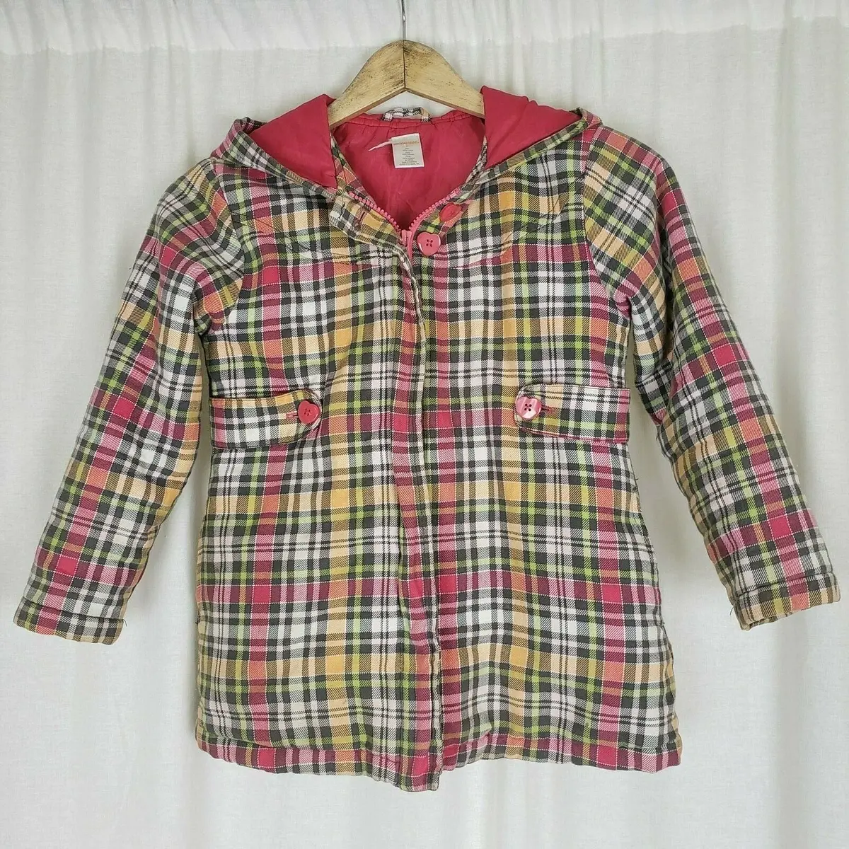 Gymboree Hooded Insulated Pink Checked Zip Up Jacket Girls 7 Pink Yellow 2009 1