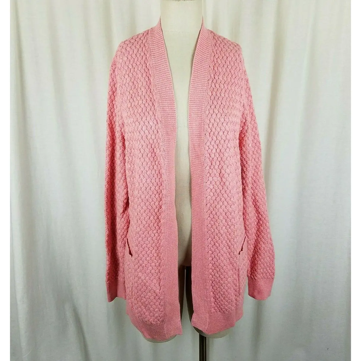 Ll Bean Long Boucle Waffle Open Front Wrap Cotton Cardigan Sweater Womens M Pink 1