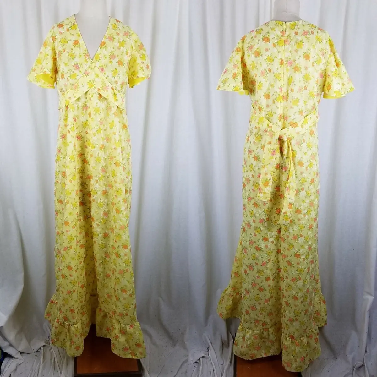 Vintage Flocked Floral Maxi Prairie Dress Long Ruffled Short Sleeve Womens M L 1