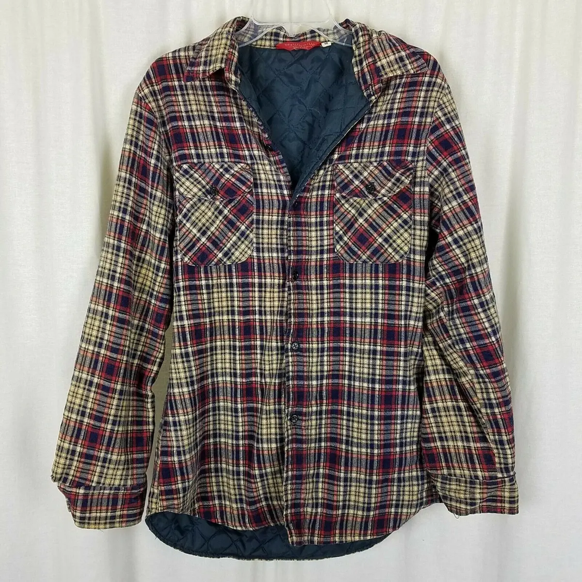 The Warm-Up Nylon Quilted Lined Plaid Flannel Long Sleeve Shirt Mens M Vintage 1