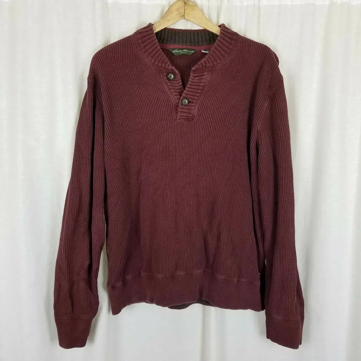 Vintage Eddie Bauer Ribbed 1/4 Button Up Knit Sweater Mens L Henley Dark Maroon 1