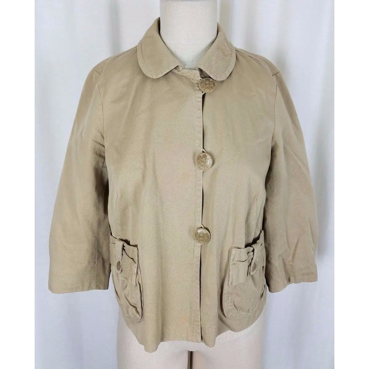 J.Crew Chino Cropped Twill Khaki Safari Jacket Womens 4 Asymmetrical Button Up 1