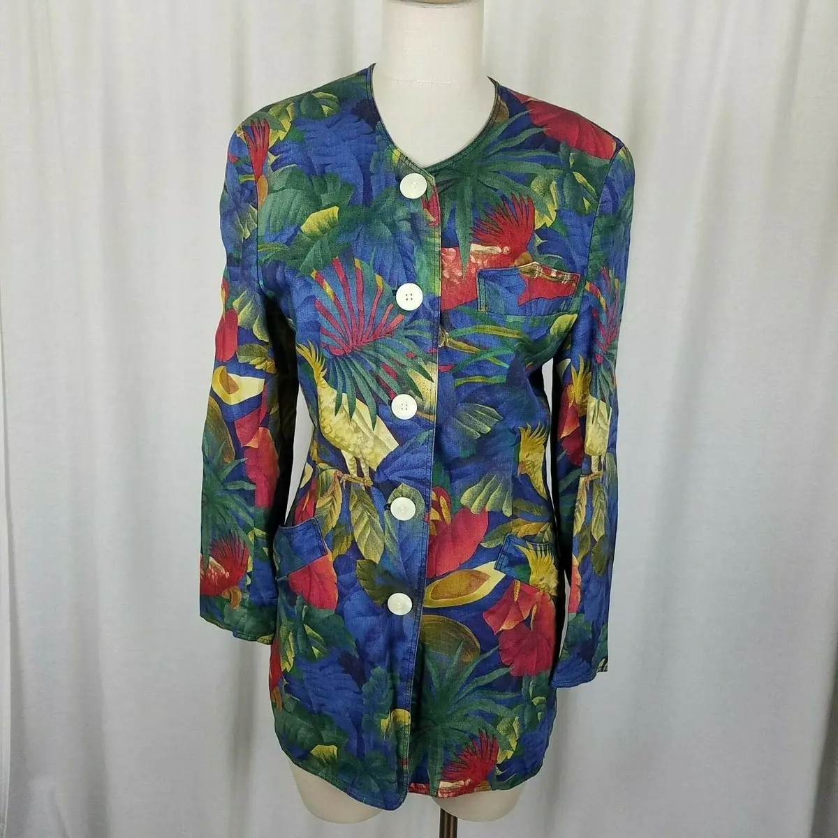 Bogner Linen Tropical Cockatoo Collarless Blazer Jacket Womens 8 Vintage 1980S 1