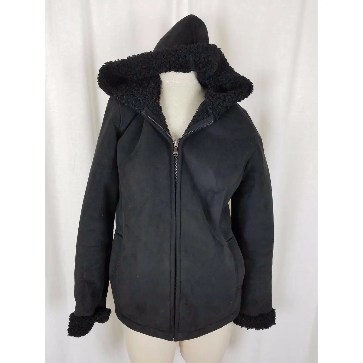Esprit Vegan Sherpa Shearling Fur Faux Suede Hooded Parka Jacket Peacoat M 1