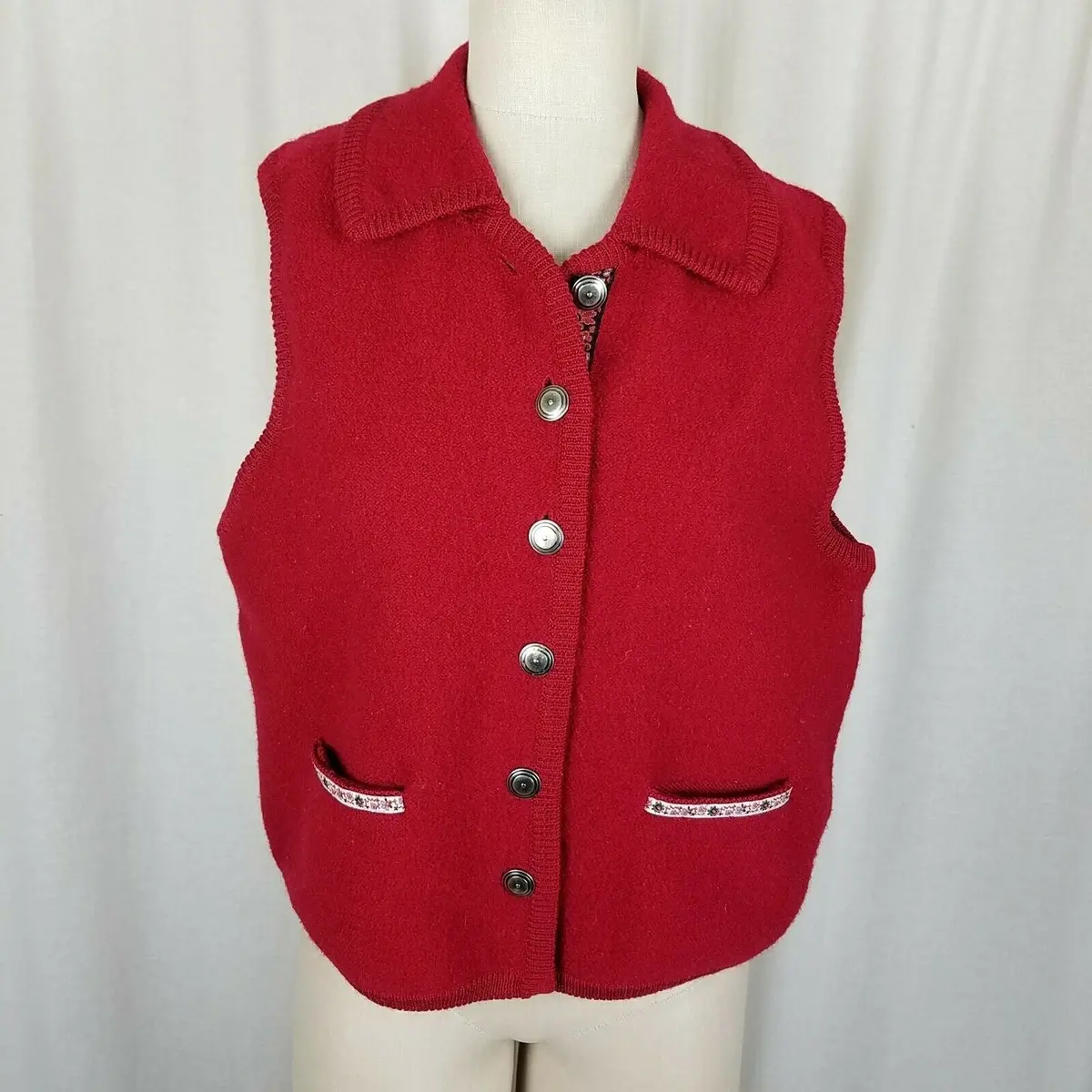 Woolrich Boiled Wool Cardigan Sweater Vest Jacket Womens M Ribbon Trim Collared 1