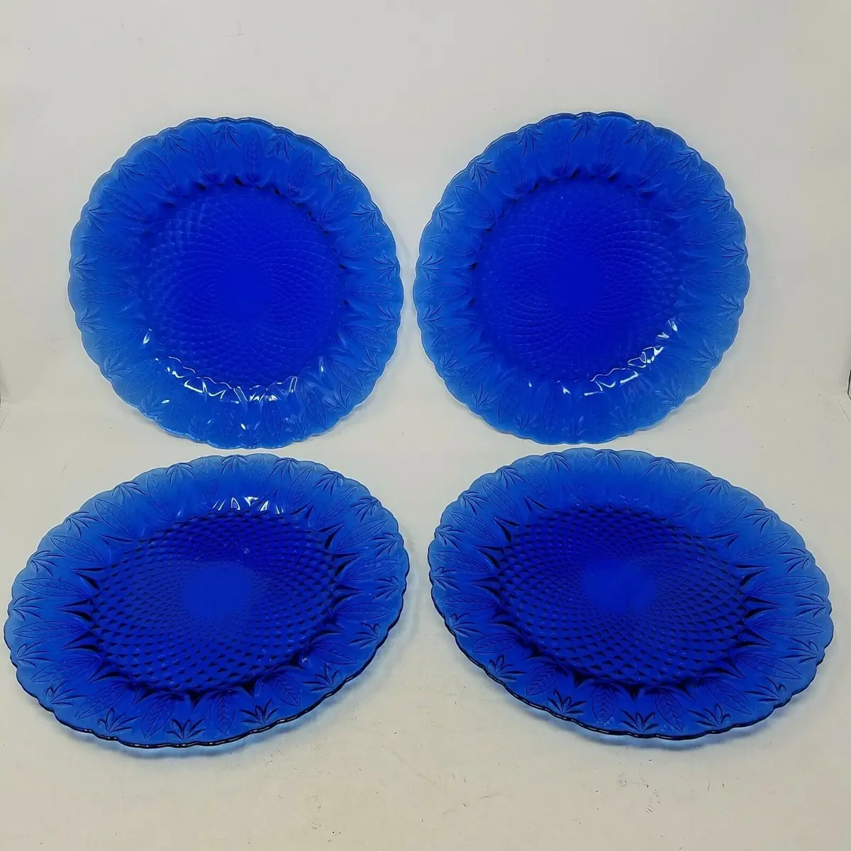 Set Of 4 Avon Royal Sapphire Leaf Fan France Cobalt Blue 10 5/8" Dinner Plates 1