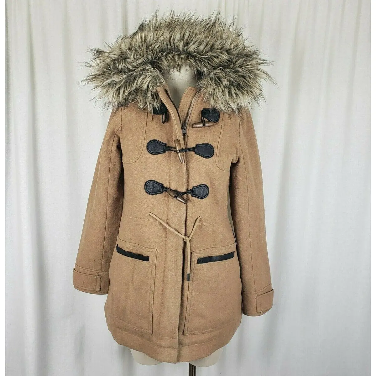 Abercrombie & Fitch Hooded Fur Trim Wool Toggle Peacoat Parka Womens S Camel Tan 1