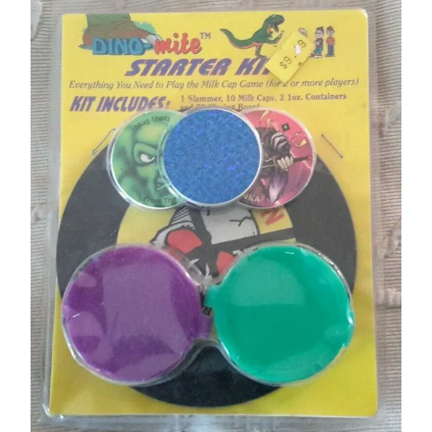 Dino-Mite Milk Caps Pogs Starter Kit Game Slammer 2 Containers 5" Playing Board 1