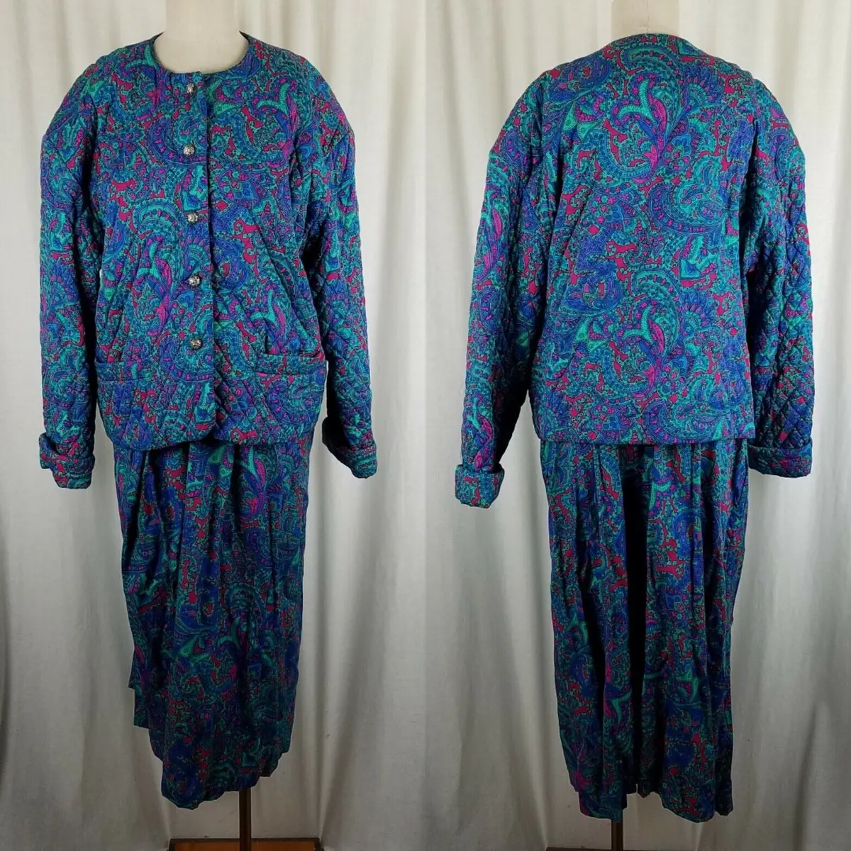 Vintage David Brooks Country Store Paisley Quilted Jacket Skirt Suit Womens 16 1