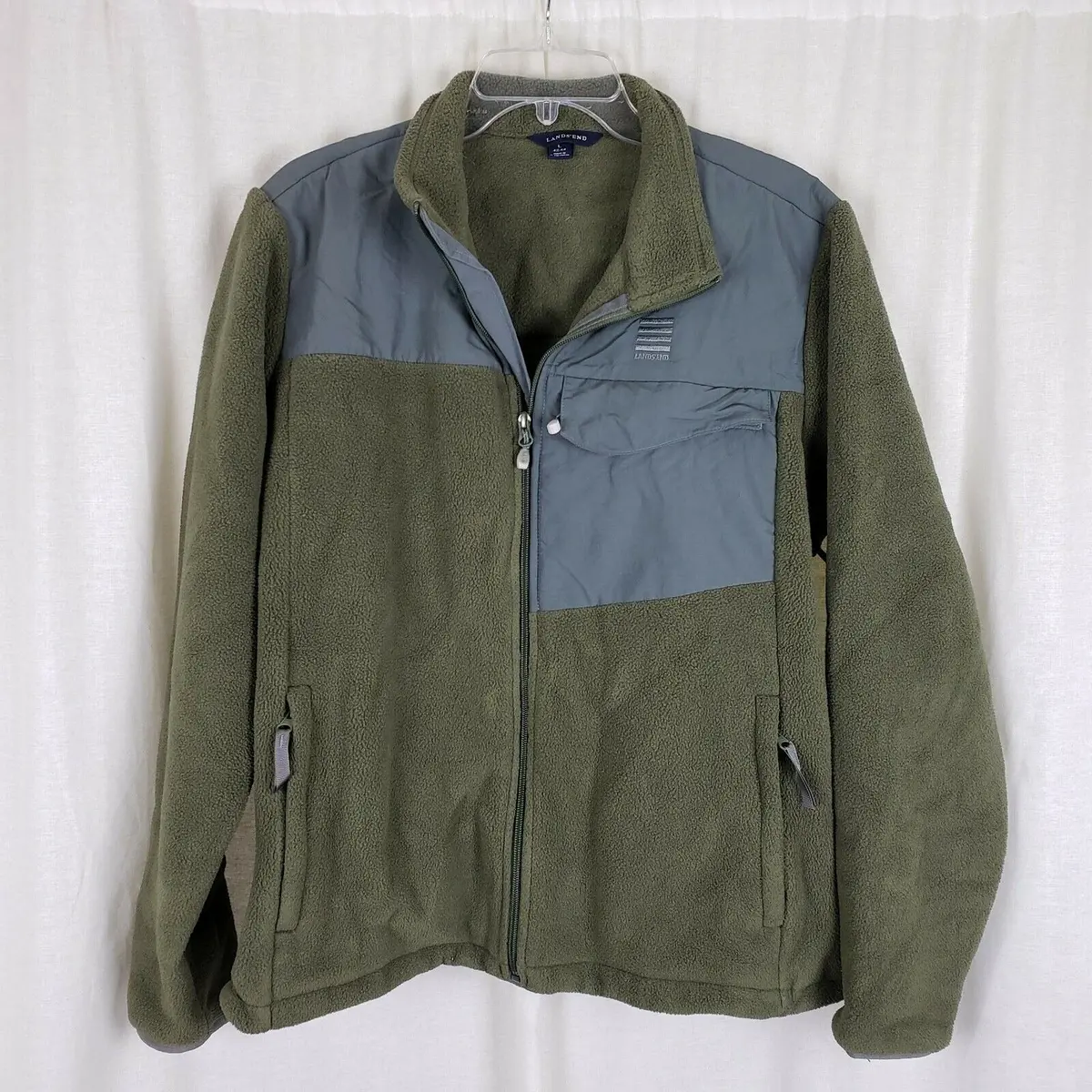 Lands End Fleece Jacket Mens L Nylon Blocking Patches Vented Armholes Army Green 1