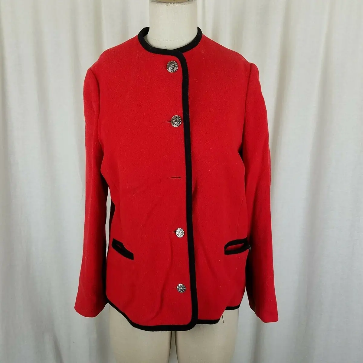 Mackintosh Boiled Wool Cardigan Sweater Jacket Womens M Ribbon Trim Collarless 1