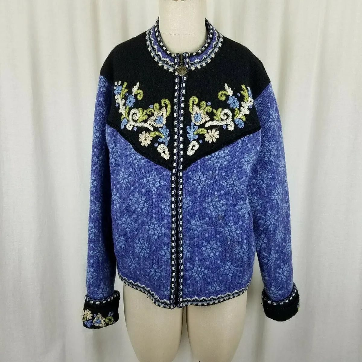 Icelandic Design Wool Satin Lined Knit Full Zip Cardigan Sweater Jacket Womens L 1