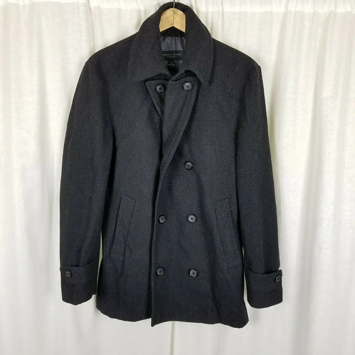 Pronto Uomo Double Breasted Black Plaid Wool Peacoat Jacket Coat Mens S Preppy 1