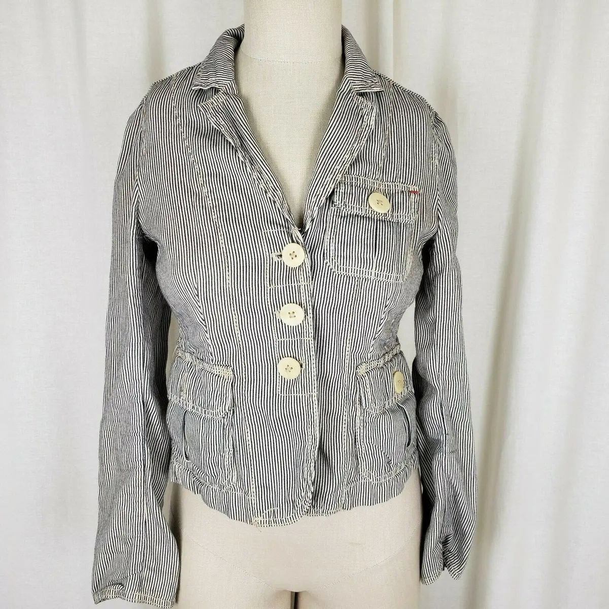 Gap Pinstriped Cropped Denim Blue Jean Trucker Jacket Womens Xs Railroad Stripes 1