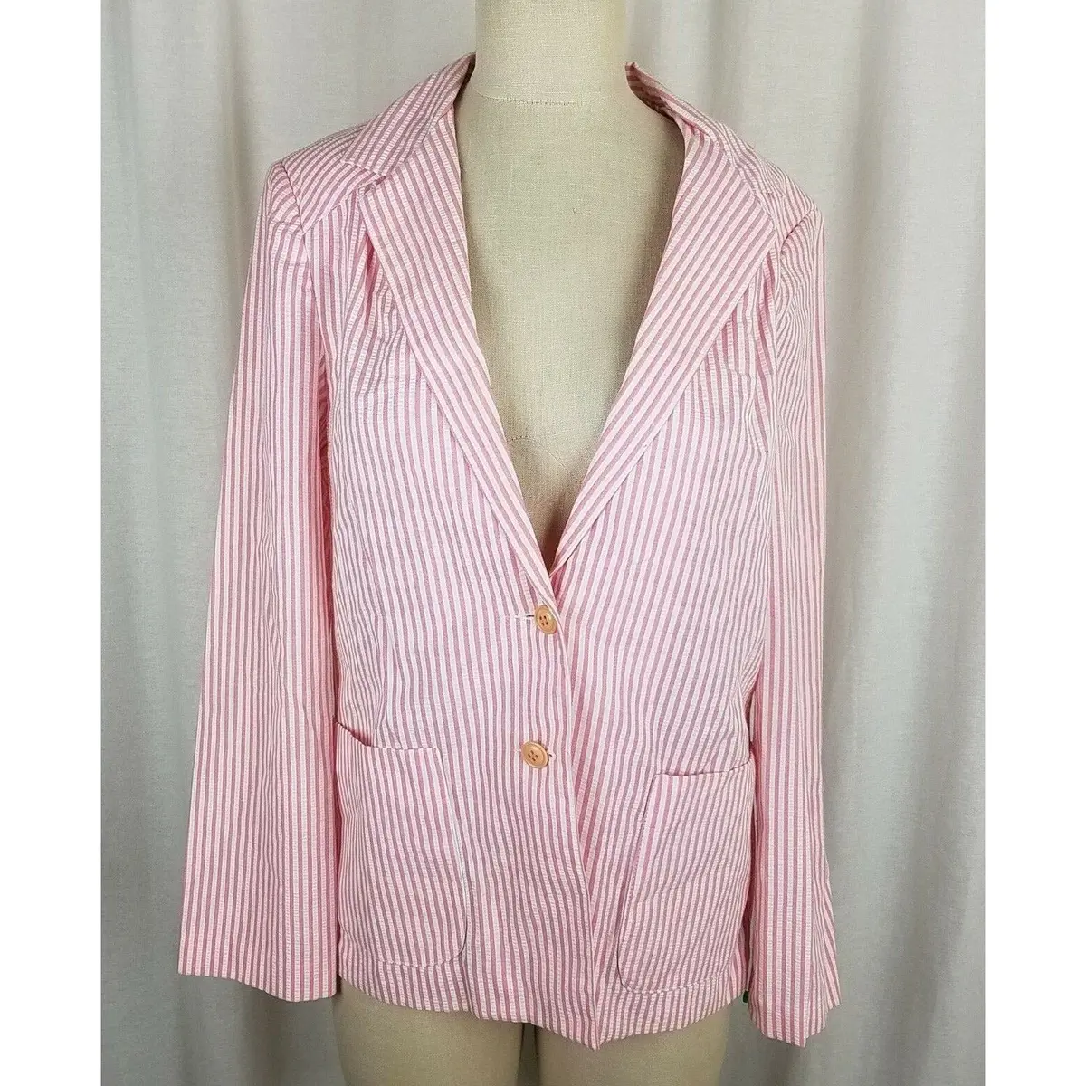 Vintage Bobbie Brooks Candy Striped Seersucker Boyfriend Blazer Jacket Womens 14 1