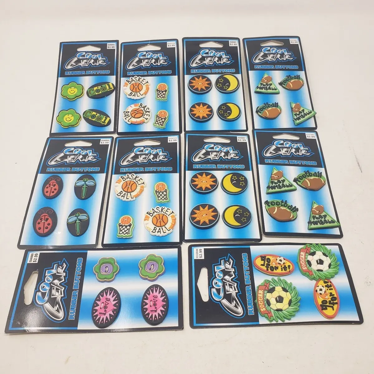 Vintage Cool Gear Rubber Buttons Lot Sports Sun Stars Flowers Bug 1999 Westwater 1