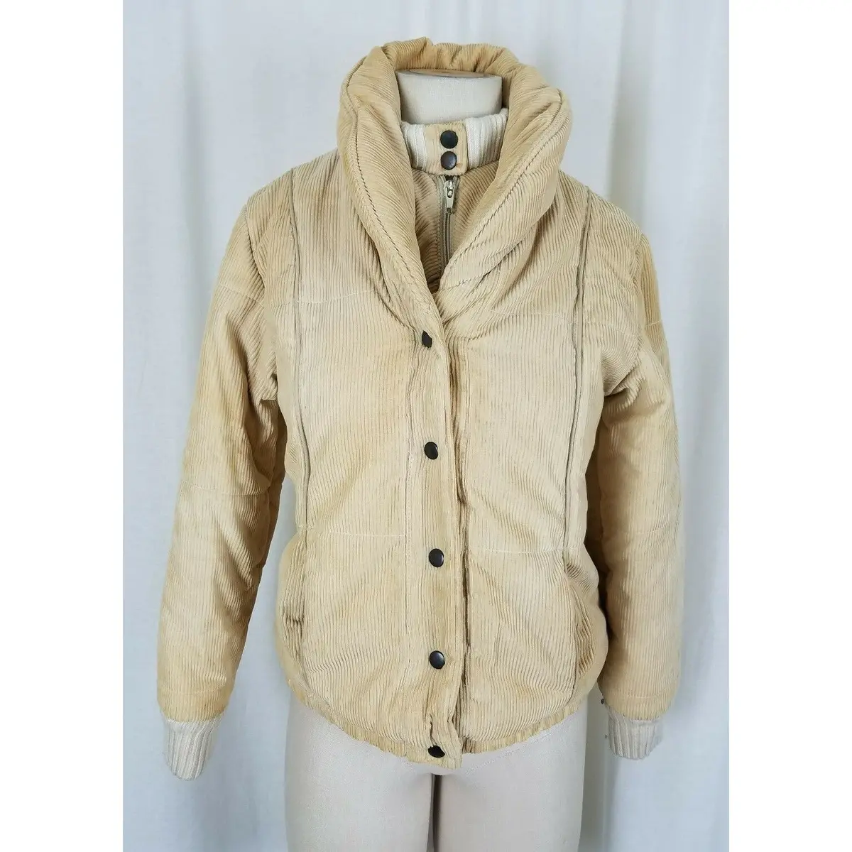 Dawn Imports Shawl Collar Corduroy Puffer Bomber Jacket Womens S Tan Zip Up Snap 1