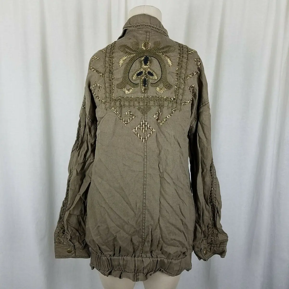 Free People Embroidered Linen Cargo Jacket Slouchy Canvas Safari Womens S Khaki 1