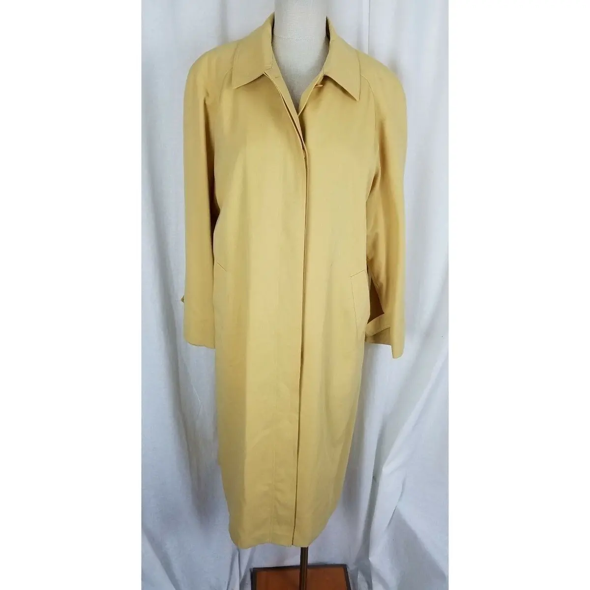 Vintage Claude Havrey Paris Long Maxi Placket Front Yellow Trench Coat Womens S 1