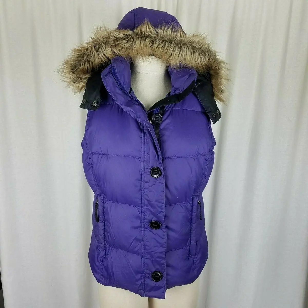 Ll Bean Hooded Fur Trim Goose Down Nylon Quilted Puffer Vest Womens S Purple 1