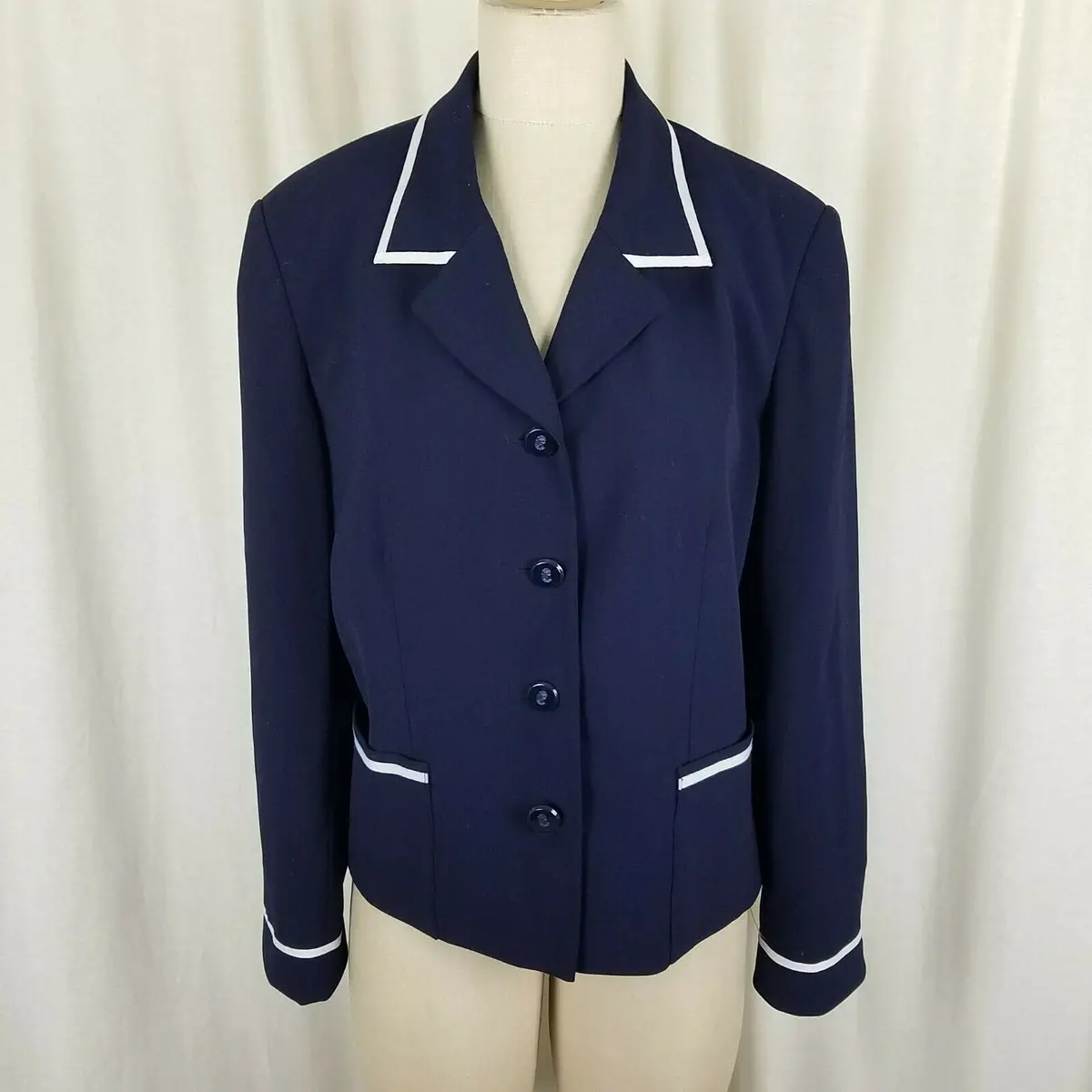 Vintage John Meyer Norwich Contrast Stripes Navy Blue Jacket Blazer Womens 14 1