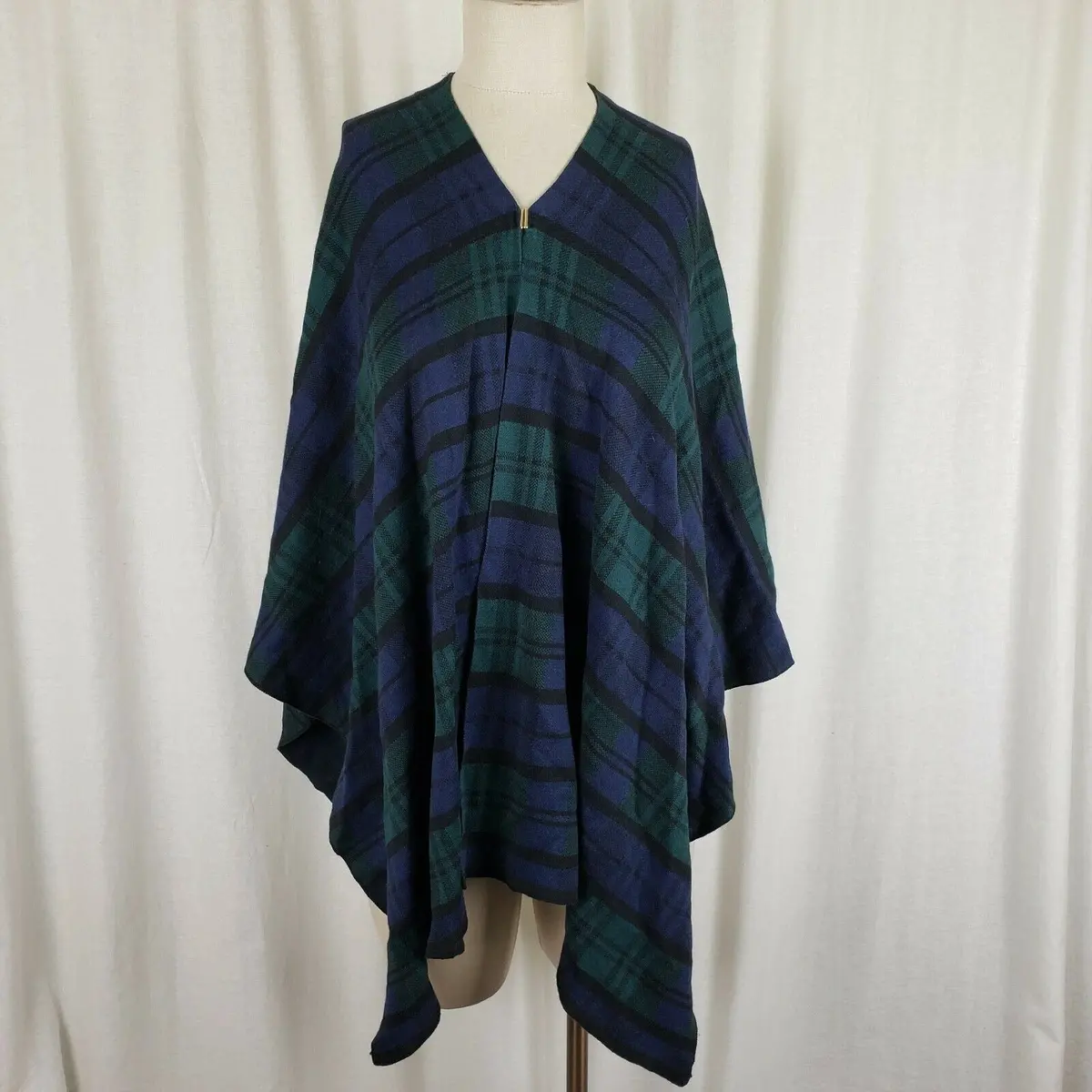 Izod Tartan Plaid Wrap Sweater Cape Poncho Womens S M Green Blue Asymmetrical 1