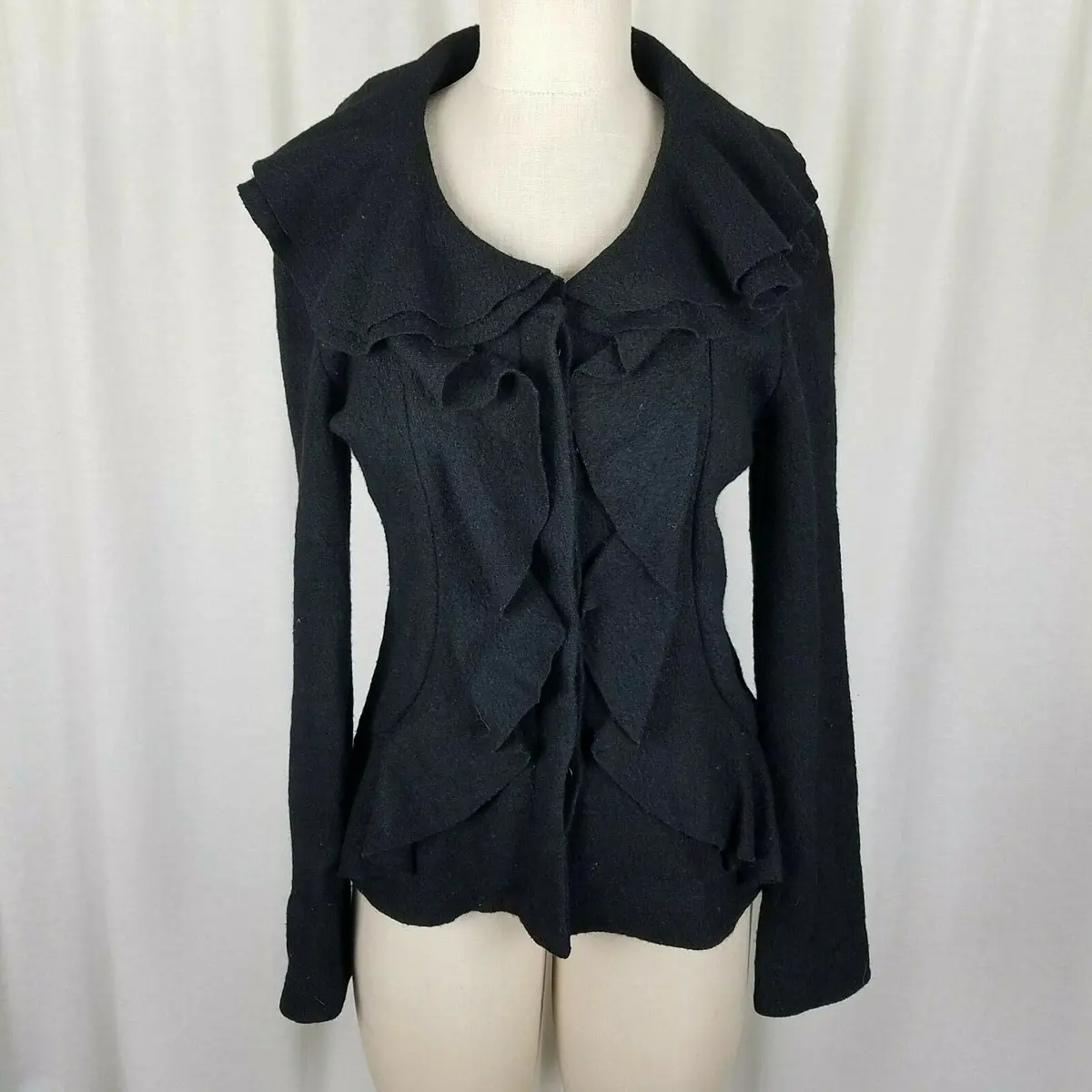 Cupio Black Ruffled Collar Lapel Viscose Boiled Wool Sweater Jacket Womens S 1