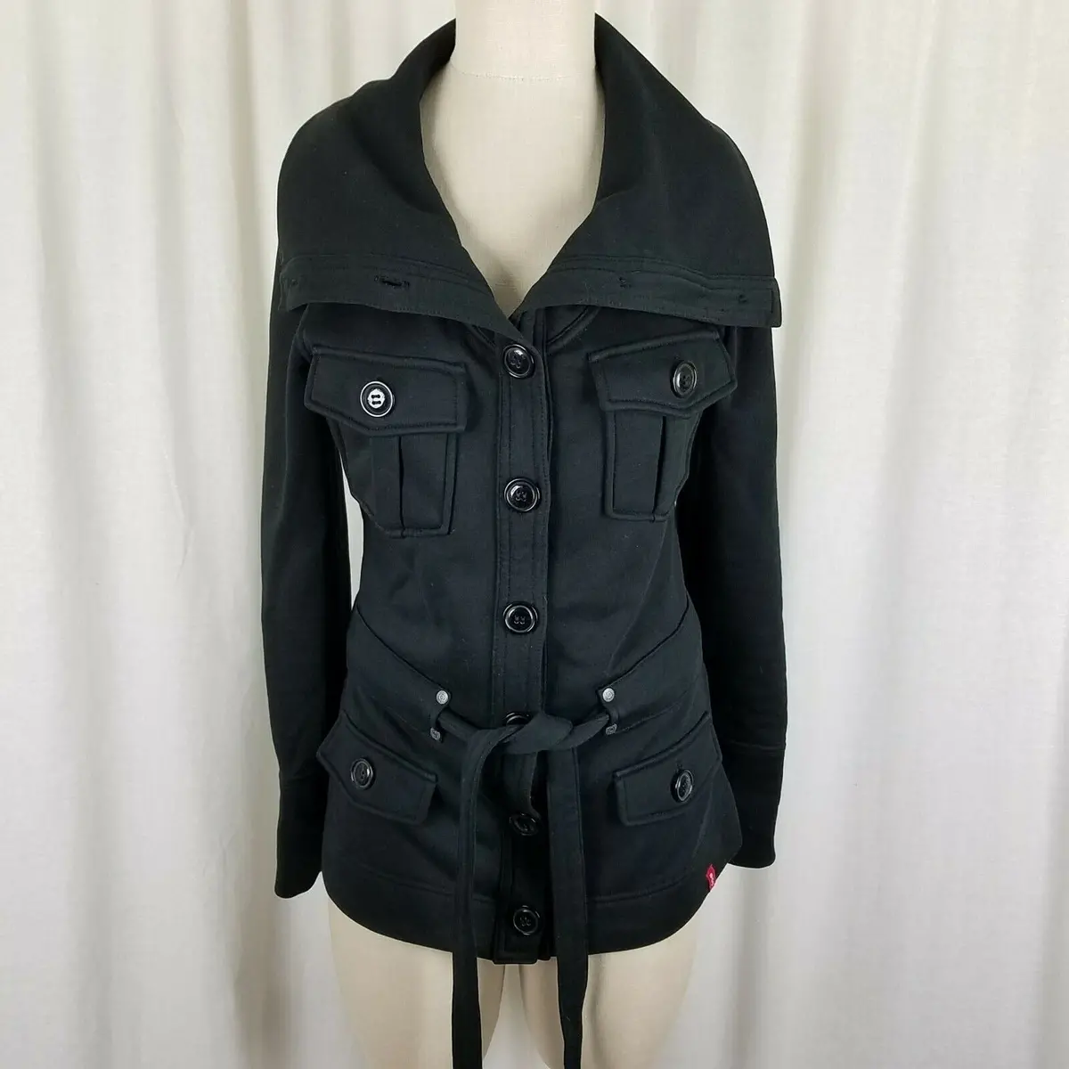 Edc Esprit Short Sweatshirt Jersey Knit Belted Trench Coat Jacket Womens S Black 1