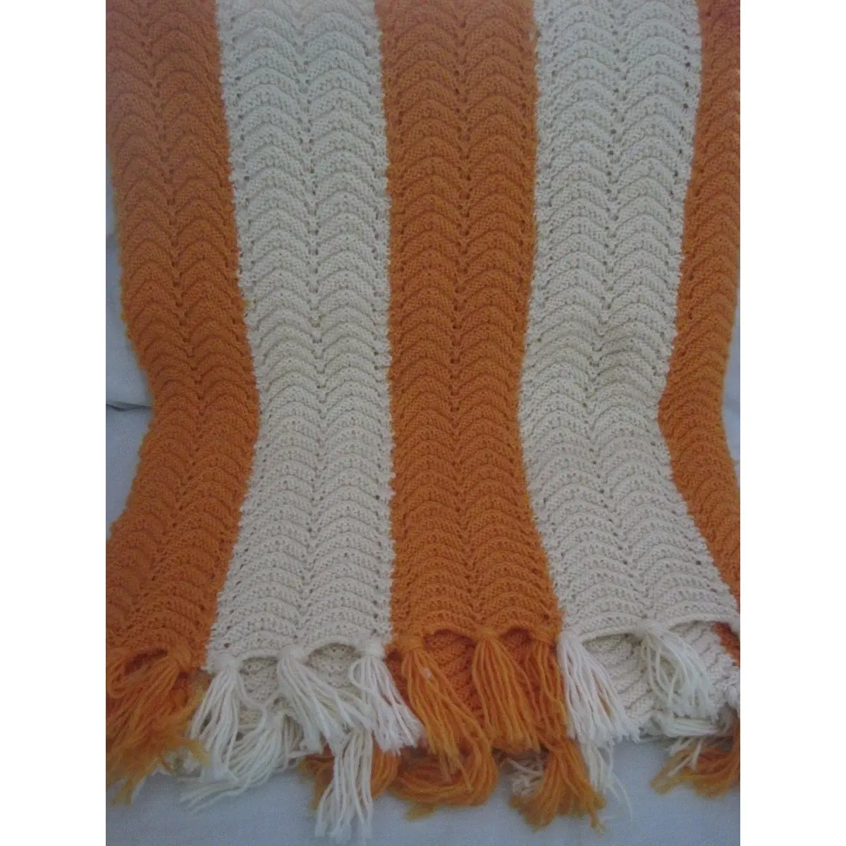 Vintage Crochet Herringbone Striped 84 X 59 Handmade Fringed Afghan Orange Cream 1