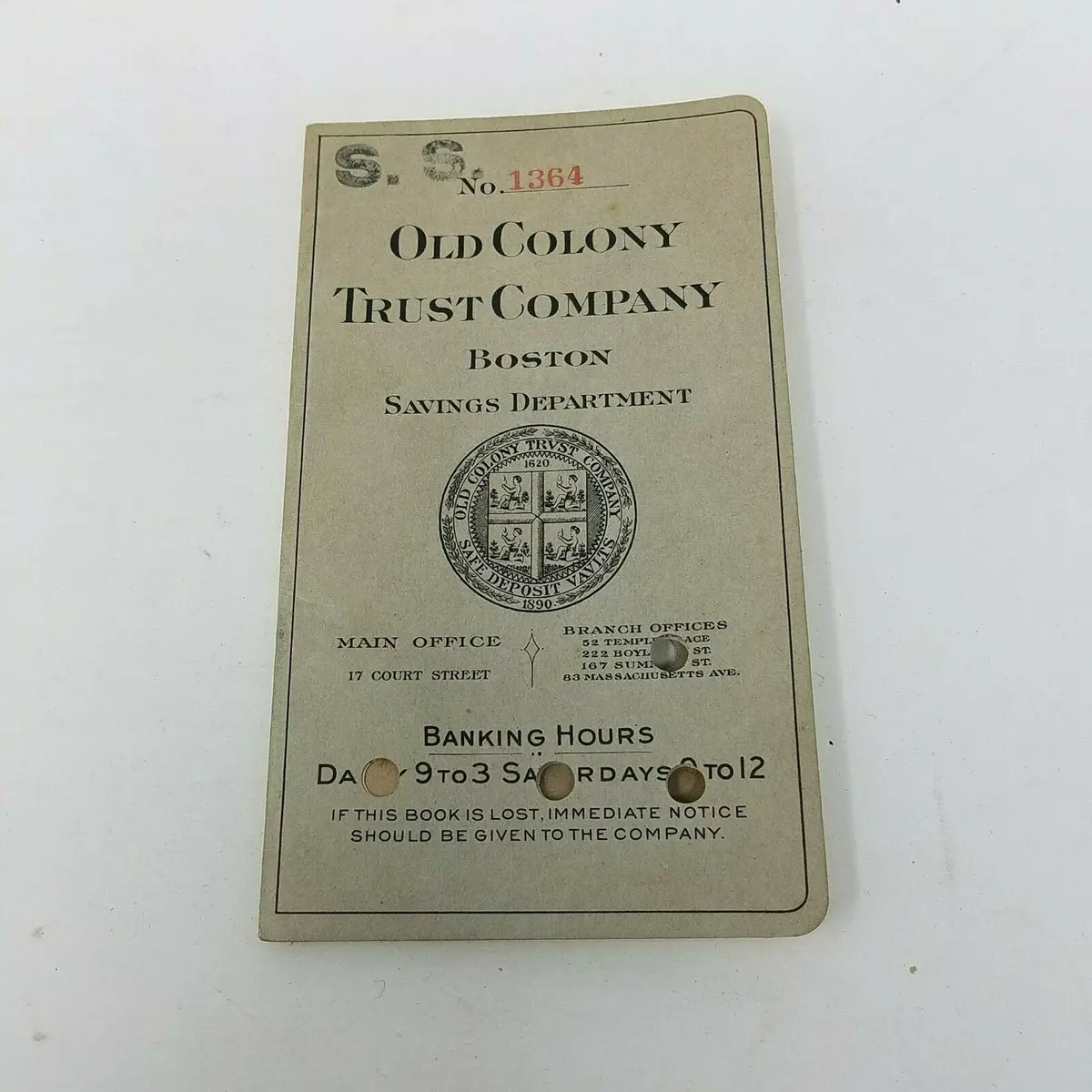 1928 Old Colony Trust Company Boston Bank Register Receipt Deposit Pass Book 5In 1