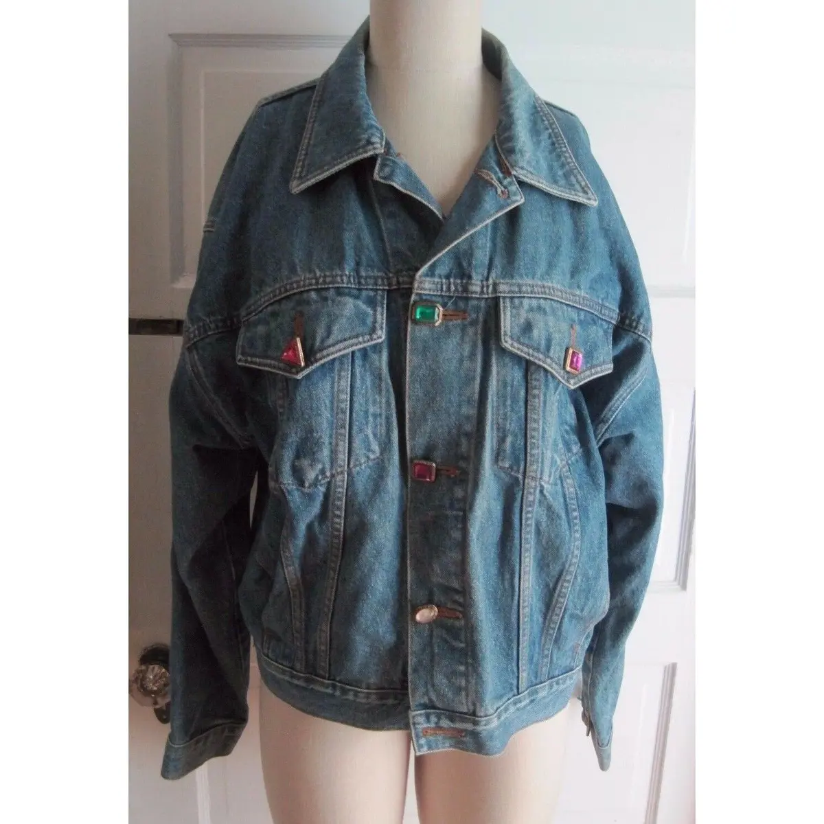 Limited Jeans European Fit Jewel Buttons Trucker Denim Blue Jean Jacket Womens M 1