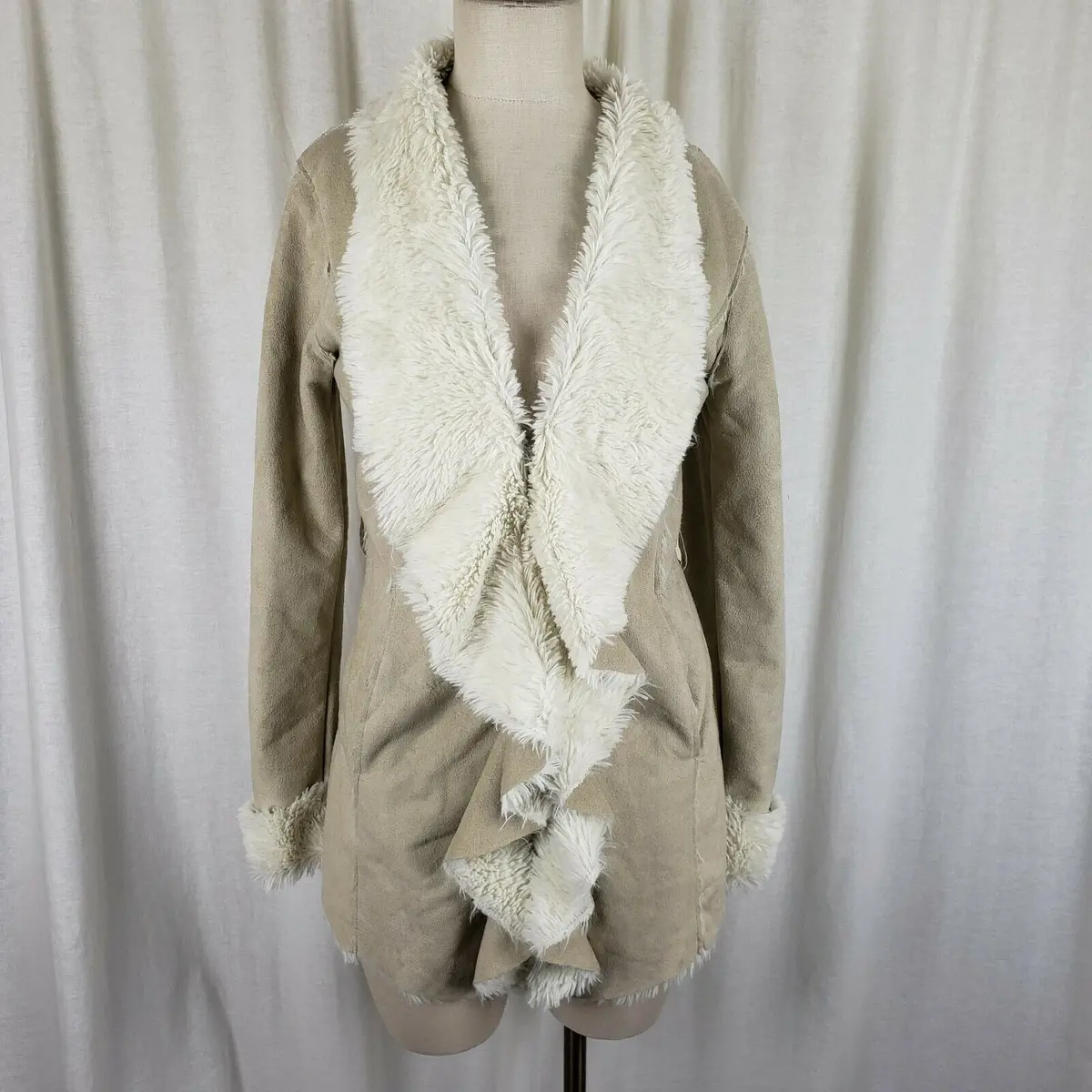 Mystree Vegan Faux Suede Sherpa Lined Drape Ruffled Swing Jacket Coat Womens S 1
