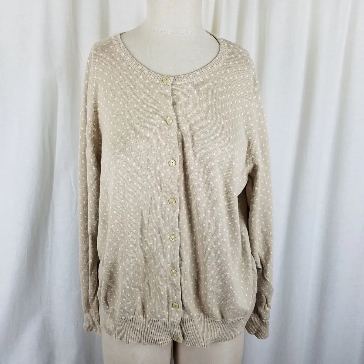 Ll Bean Polka Dot Knit Sweater Womens 1X Twinset Look Button Up Cardigan Plus 1