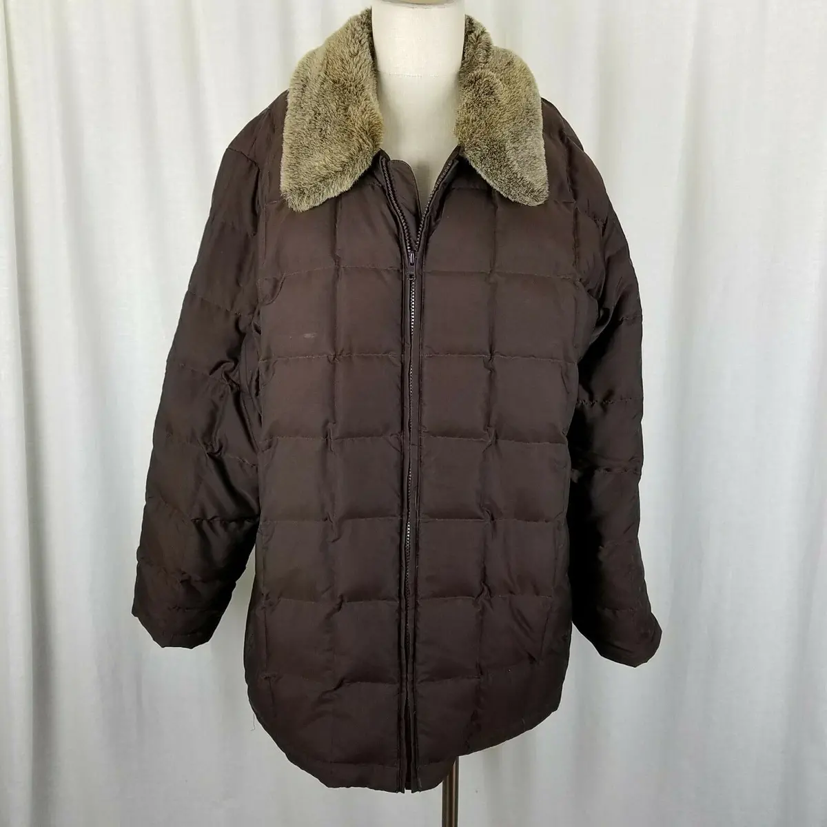 Ll Bean Brown Faux Fur Collar Goose Down Quilted Puffer Jacket Parka Womens Xl 1