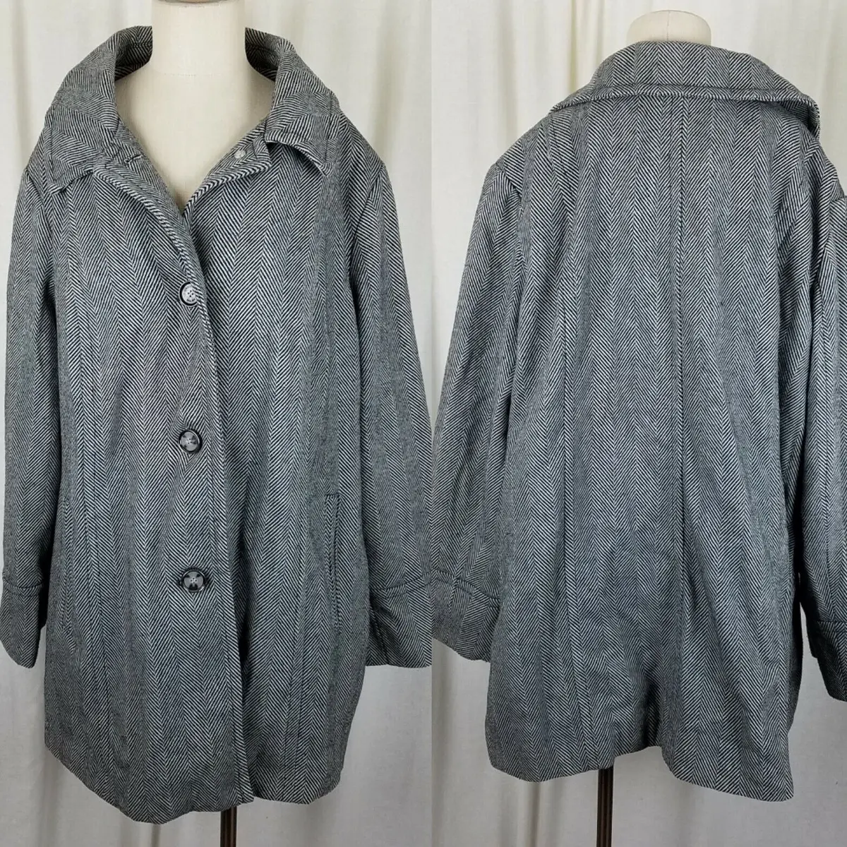 Liz Claiborne Woman Herringbone Tweed Peacoat Coat Womens 2X Plus Black White 1