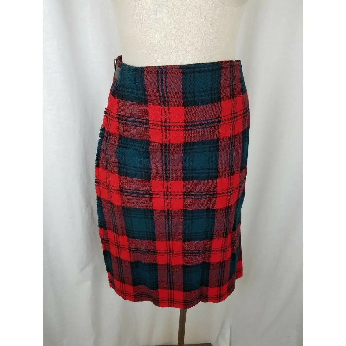 Vintage Belted Wool Tartan Scotch Plaid Kilt Wrap Skirt Womens S Red Buckles 1